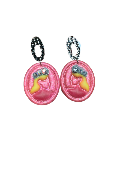 Handmade pink shimmer Glinda Silhouette Earrings — vintage-inspired good witch cameo jewelry with fairytale sparkle and charm.